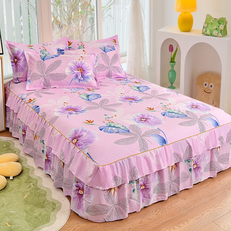 水洗棉床裙单件亲肤磨毛简约床罩防滑式保护套床单双人床上三件套