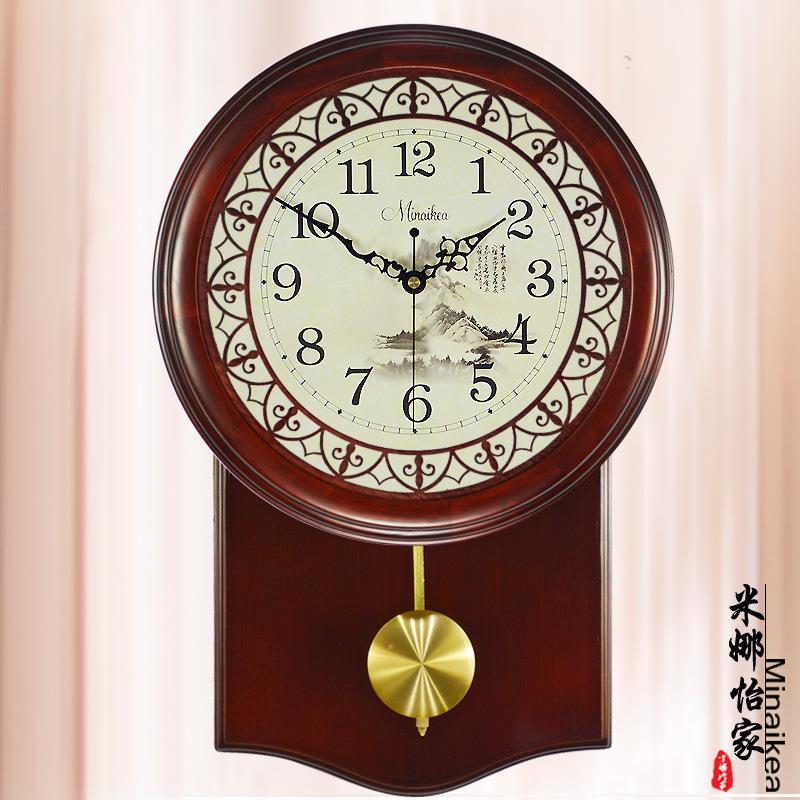 明清中式客厅挂钟大号仿古静音实木现代田园石英钟表时尚时钟