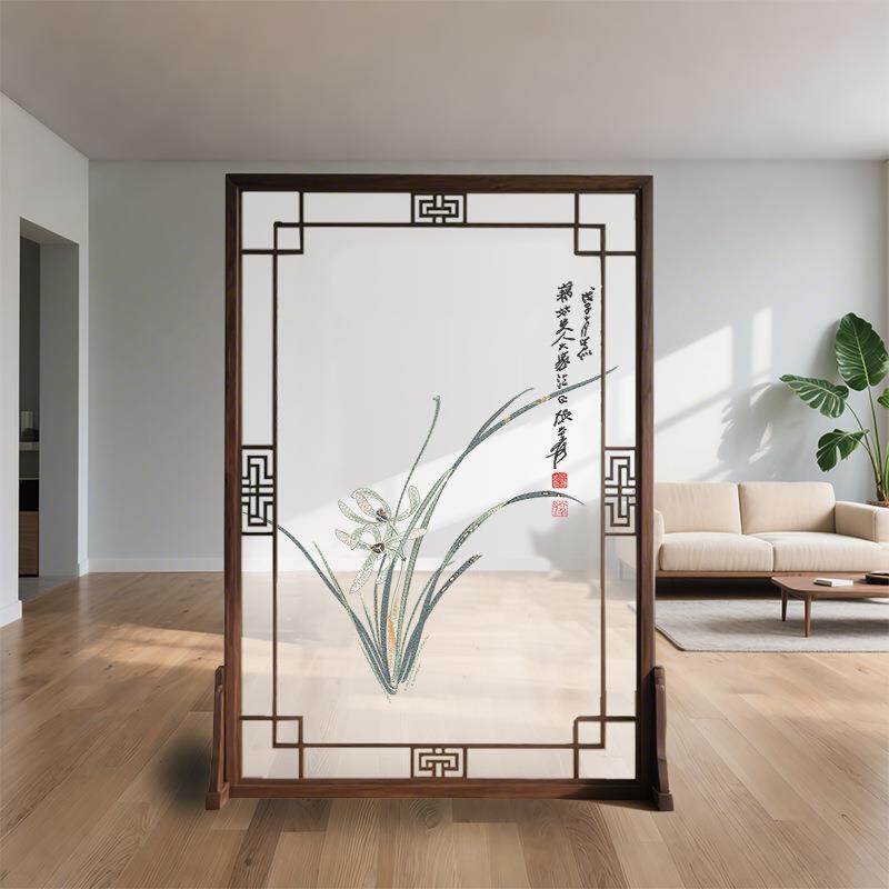 半透明纱布画实木花格入户玄关隔断茶室展厅书房兰花双面刺绣屏风