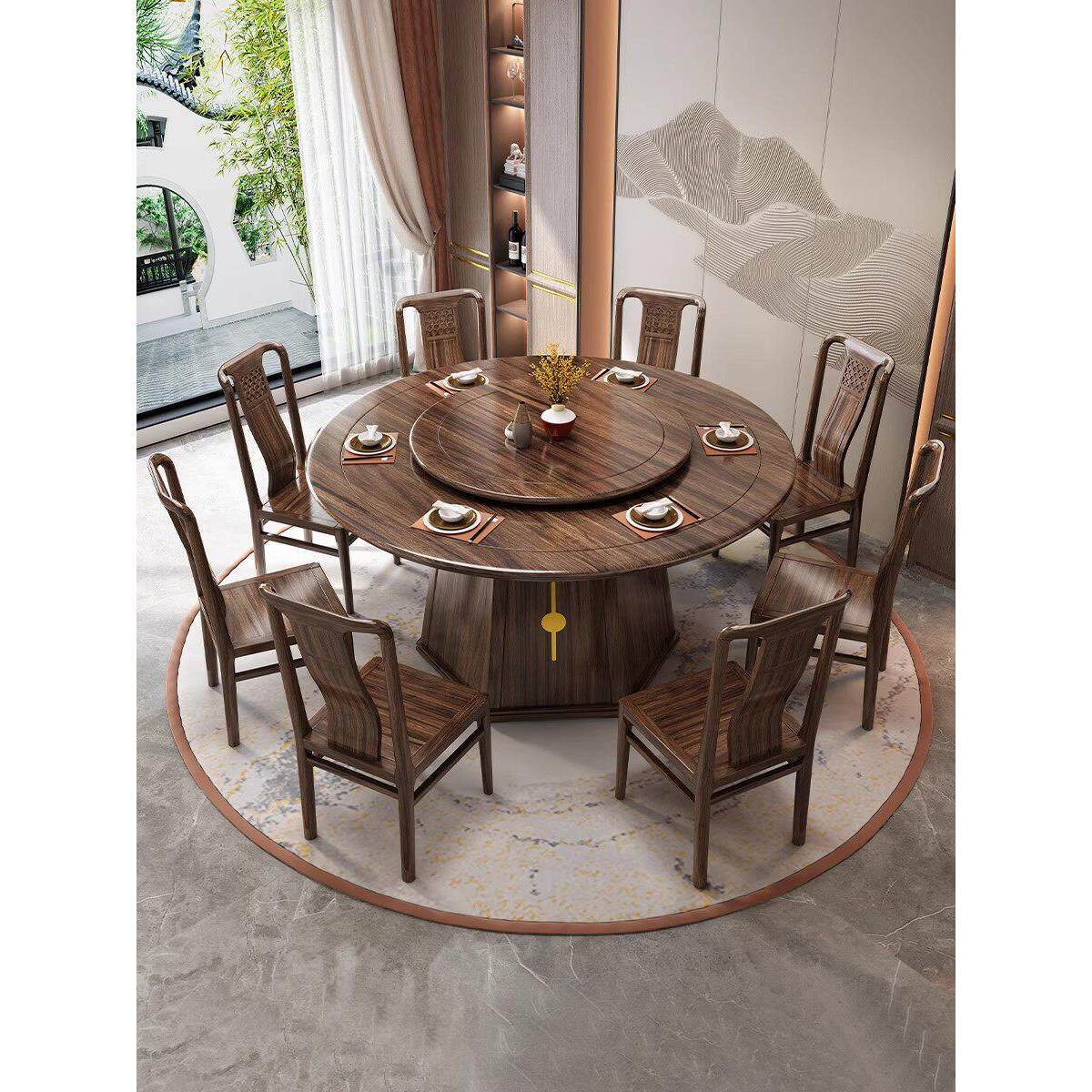 新中式实木餐桌椅子组合乌金木轻奢现代大圆桌带转盘家用圆形饭桌