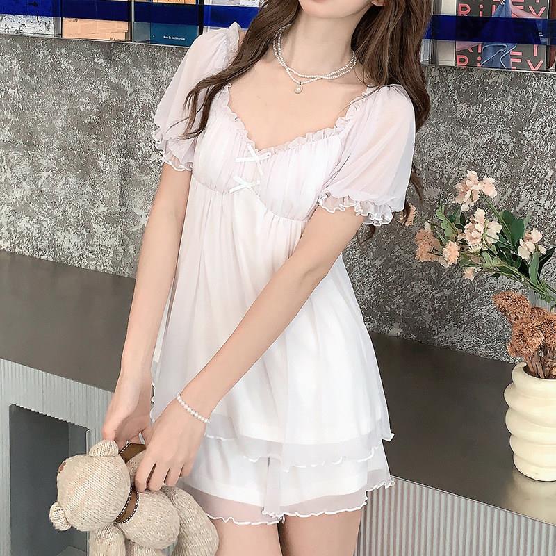 甜美蕾丝花边短袖睡衣女夏季薄款网纱带胸垫遮胸防凸点家居服套装