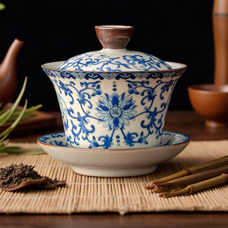 汝窑青花有福三才盖碗复古功夫茶具家用陶瓷泡茶碗带盖子不烫手茶