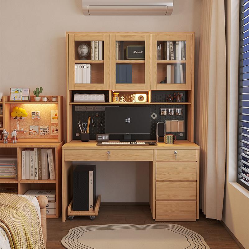 全实木书桌书架一体靠墙家用书房橡木带抽屉书桌现代小户型电脑桌图片