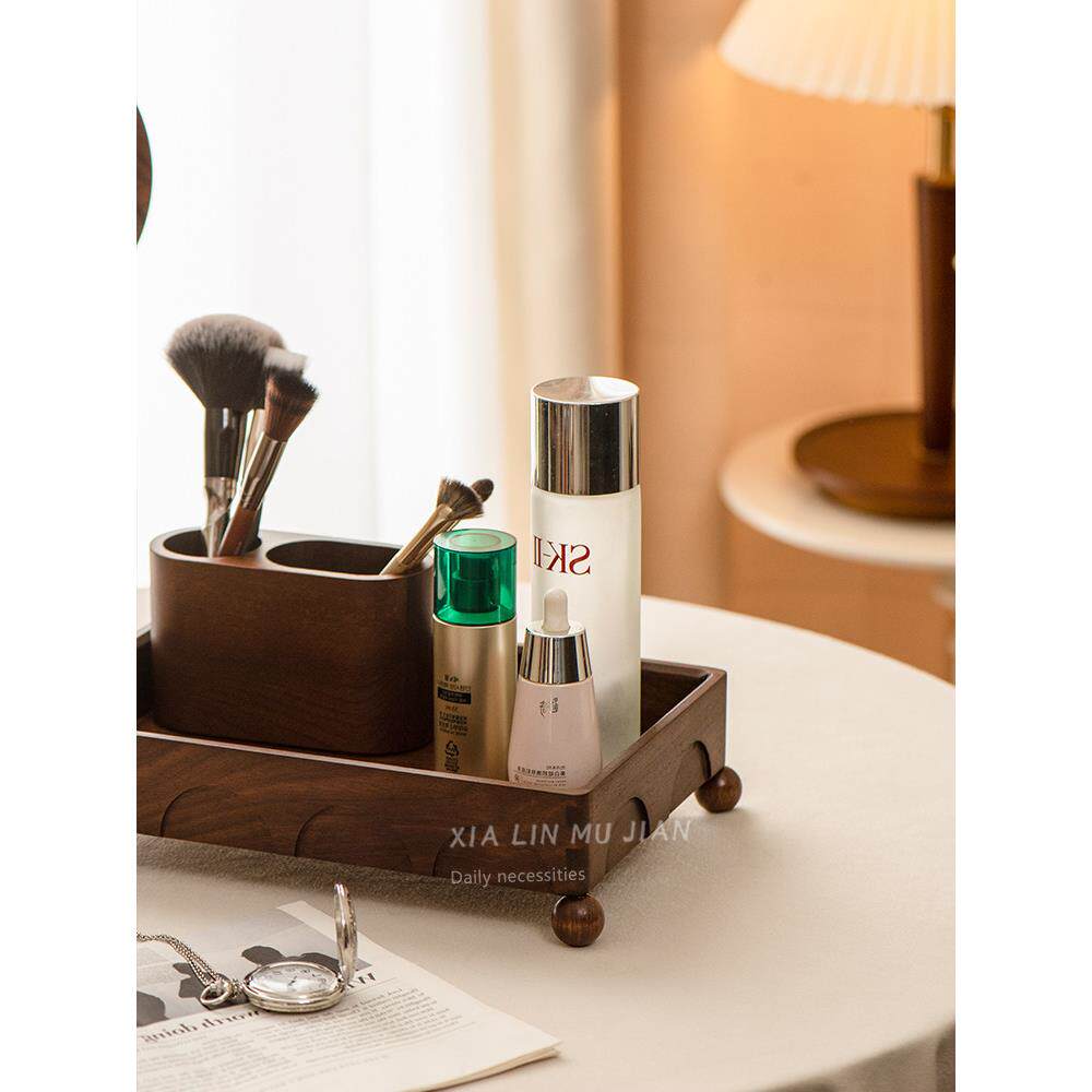桌面化妆品置物架梳妆台卫生间浴室收纳托盘黑胡桃木护肤品整理盒