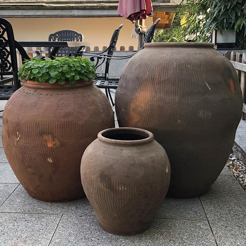 仿古红陶大号花盆 红陶制景观陶缸 古典风粗陶罐组合