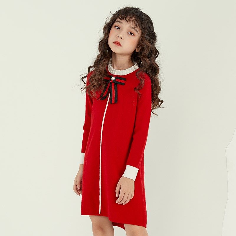女童毛衣裙2025秋冬新款洋气红色连衣裙复古针织长袖长款公主裙子