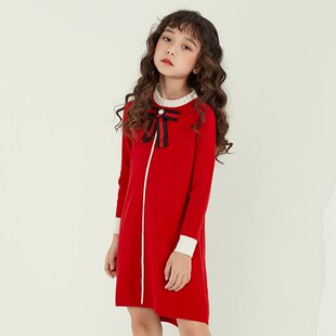 女童毛衣裙2025秋冬新款洋气红色连衣裙复古针织长袖长款公主裙子