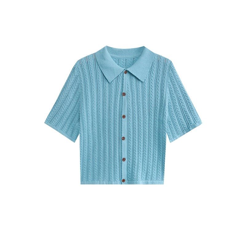 法式复古高级感洋气气质短袖V领polo衫镂空薄款针织衫T恤上衣女夏