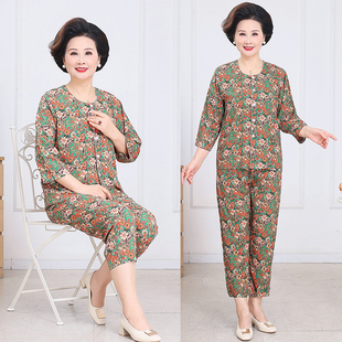 外穿睡衣女棉绸套装 奶奶夏装 扣子中袖 绵绸衣607080岁老年开衫 薄款