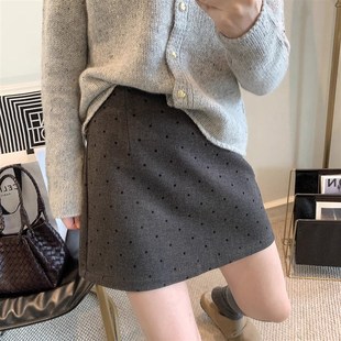 波点羊毛呢半身裙女秋冬梨形身材高腰a字短裙大码 灰色显瘦包臀裙