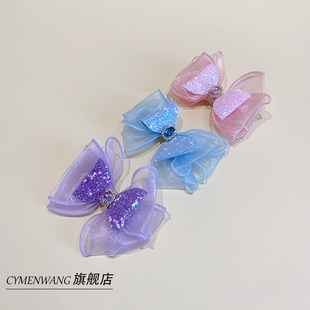 双层网纱气质紫色蝴蝶结发夹儿童头饰大后脑勺2024新款 宝宝夹子