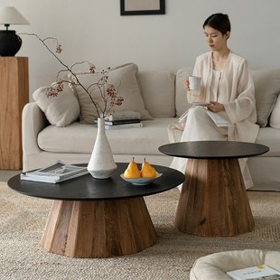 润家家居侘寂风复古老松木圆形茶几客厅组合拼色圆桌实木茶桌边几