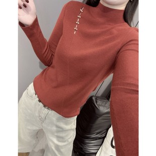 内搭毛衣打底衫 秋冬新款 女洋气修身 长袖 半高领上衣 性感镂空针织衫