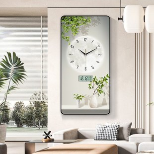 简约绿植玄关装 石英钟表 饰挂钟静音客厅万年历时钟奶油风挂墙竖款