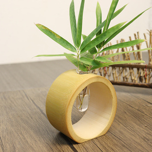 花瓶插花水培竹制花器复古中式玻璃水培小花盆摆件竹子插干燥花器