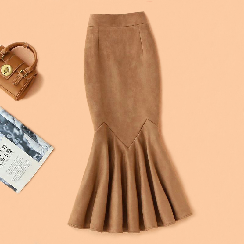 温柔米白色长裙秋冬女加厚鹿皮绒鱼尾半身裙冬季长款包裙遮胯显瘦