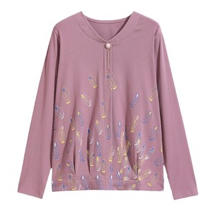 中老年女装妈妈打底衫春秋2024新款纯棉长袖t恤女时尚洋气v领上衣