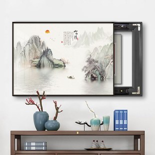 推拉 饰画免打孔山水画餐厅壁画配电箱挂画横版 新中式 晶瓷电表箱装
