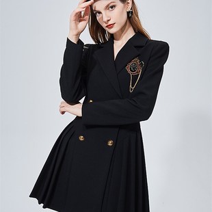 艾薇2023秋新收腰JK制服学院风显瘦高腰风衣式 百褶连衣裙 气质西装