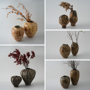 新中式 侘寂风手工陶瓷花瓶样板房酒店民宿复古做旧陶瓷罐花器摆件