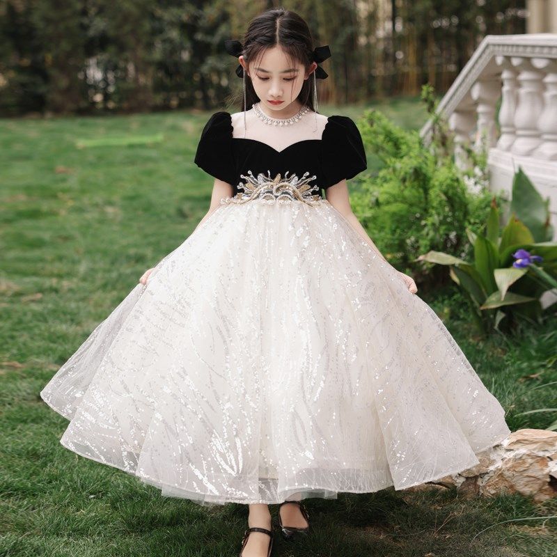 黑色女童礼服轻奢小众高端生日公主裙夏季儿童主持人钢琴演奏服装