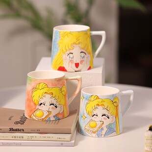 釉下彩景德镇手绘陶瓷马克杯美少女水杯大容量牛奶杯咖啡杯早餐杯