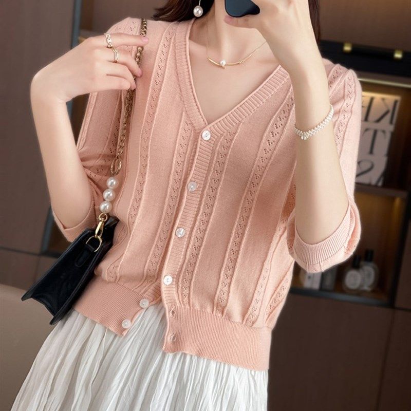 纯棉线七分袖针织开衫女短外套V领镂空短款上衣外搭薄款防晒衫女