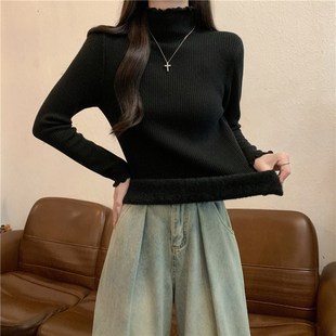 上衣 打底针织衫 加厚一体绒保暖毛衣女秋冬季 木耳边半高领内搭长袖