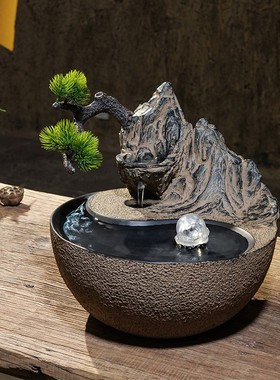 新中式桌面流水摆件室内家居客厅茶室电视柜禅意水景水晶球小景观