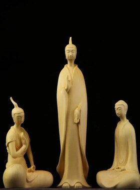 黄杨木雕北魏三圣佛禅意摆件新中式实木质办公客厅玄关桌面摆饰品