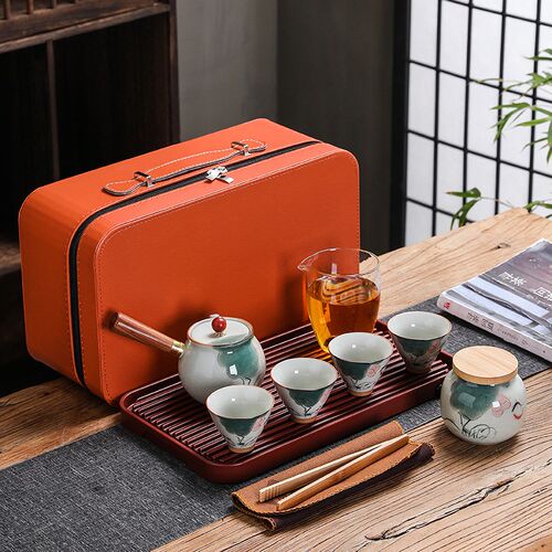 哥窑手绘侧把茶壶旅行茶具便携式个人专用随身包套装户外功夫茶杯