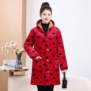 连帽厨房围裙防污棉服 超厚大码 加绒加厚女士罩衣工作服冬季 中长款