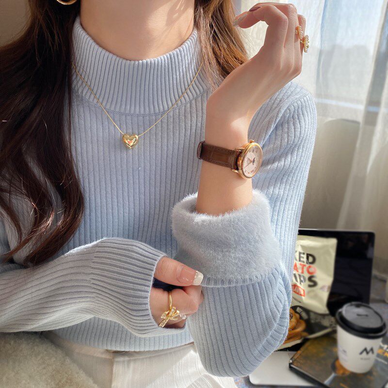 加绒加厚半高领打底衫女2024秋冬季新款修身毛衣内搭针织上衣外穿