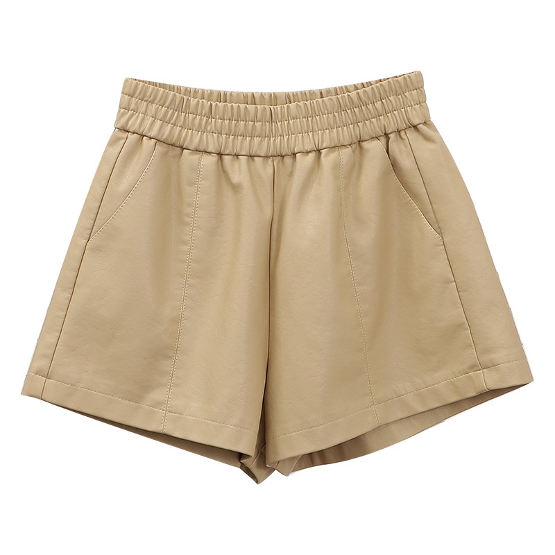 皮短裤女春秋款薄款2021年新款外穿黑色亚光a字松紧腰高腰PU皮裤