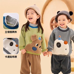 女童加绒冬装 子两件套冬季 洋气 秋冬男童假两件卫衣裤 宝宝加绒套装