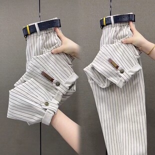 女纯棉百搭宽松工装 条纹休闲裤 裤 时尚 秋季 高腰小脚显瘦老爹裤 新款