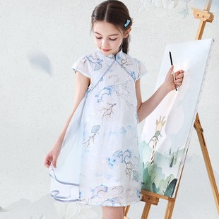 汉服网纱公主裙 女大童国风旗袍裙新中式 女童夏装 连衣裙2024新款