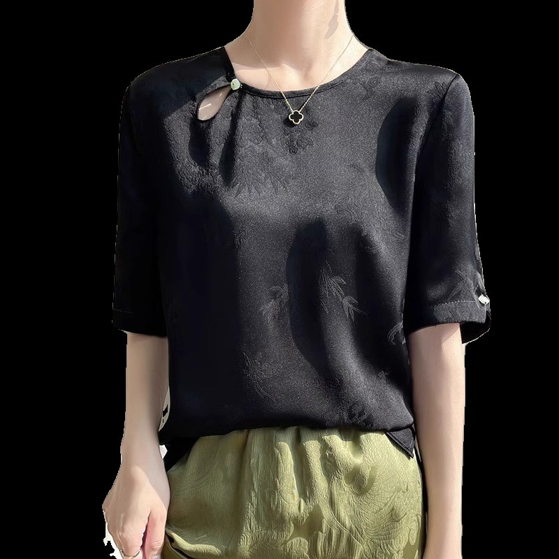 复古国风短袖T恤衫女圆领套头宽松衬衫缎面提花新中式上衣小衫夏