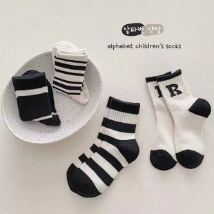 儿童袜子6 棉色潮袜女童堆堆袜男童黑白条纹R中筒袜子 10岁春秋款