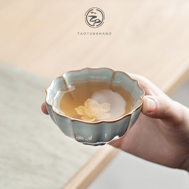 手捏花汝窑茶杯开片可养哥窑主人杯个人单杯陶瓷功夫茶具茶碗礼盒