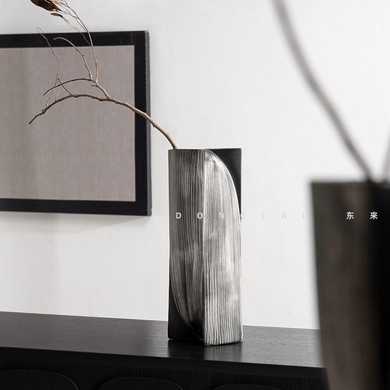 侘寂风陶瓷花瓶摆件中古风复古做旧黑白拼色创意插花器装饰品摆件