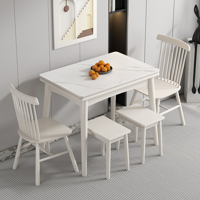 岩板餐桌小户型家用折叠伸缩奶油风实木餐桌椅现代简约桌子