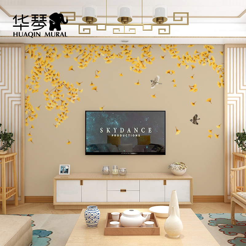 中式银杏叶古风电视背景墙壁画客厅壁纸卧室壁纸书房饭厅家装墙布