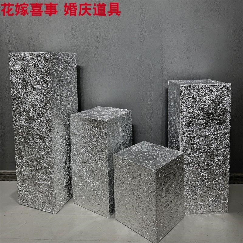 婚庆道具银色锡纸木质波纹方柱婚礼四方形路引花柱甜品桌橱窗摆件