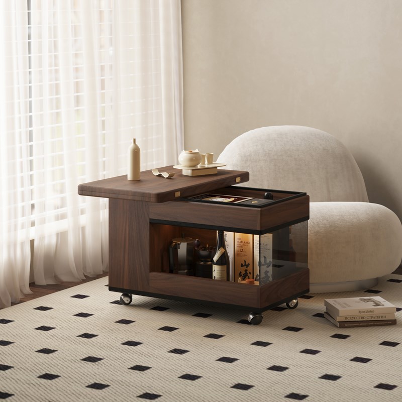 沙发边柜侧边柜可折叠翻转实木边几黑胡桃木可移动小推车旋转茶几