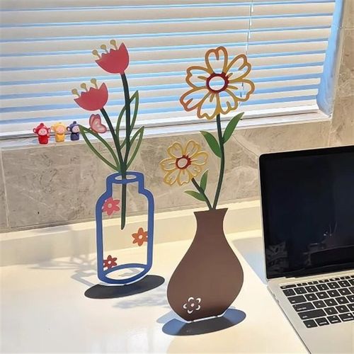 平面彩印花束花瓶摆件创意治愈金属假花办公室桌面艺术剪影装饰品