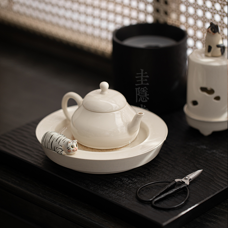 圭隐堂草木灰陶瓷壶承手工猫咪家用干泡台茶壶托盘茶托杯托茶台