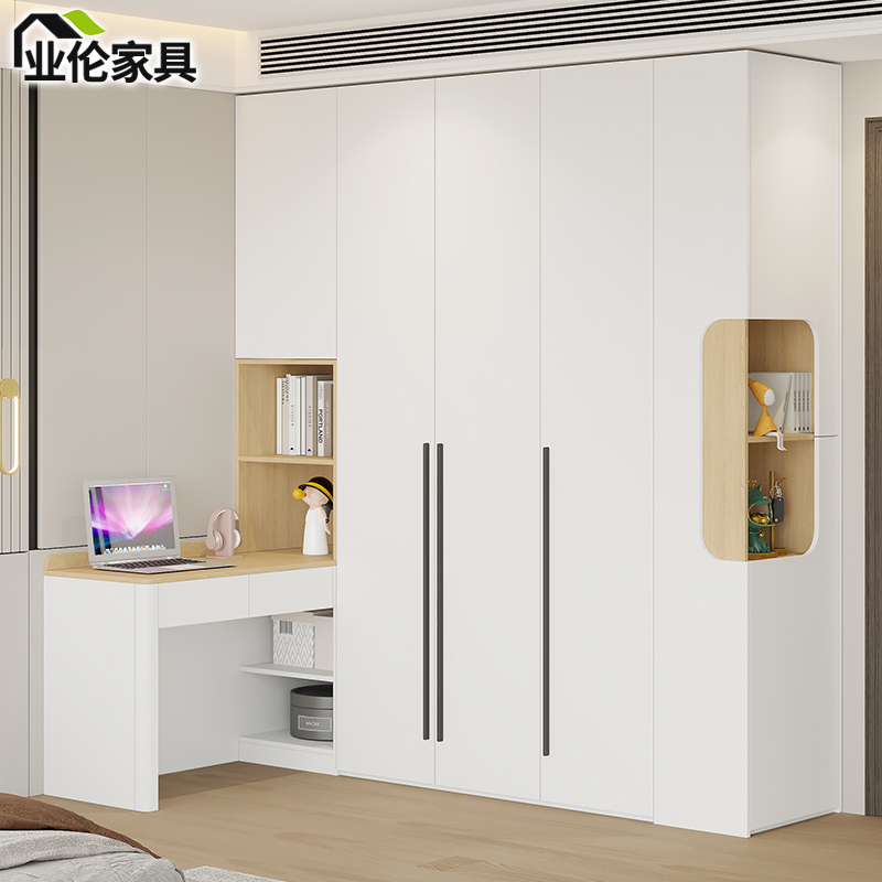奶油风转角书桌衣柜家用卧室电脑桌书架一体写字学习桌37