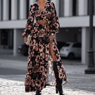 欧美春V领豹纹系带短款长袖上衣高腰半身裙长裙两件套度假连衣裙