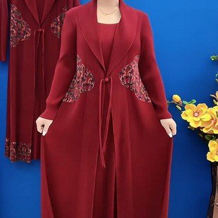 中年妈妈时尚国风盘扣假两件风衣裙收腰显瘦拼接中长款新中式裙子